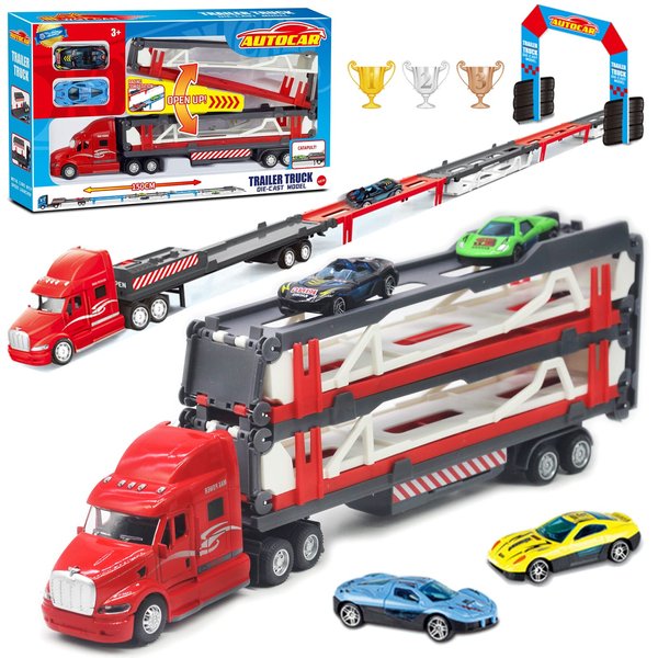 OTONOPI Race Car 59 Inch Transporter Truck Toy Set Mega Hauler Carrier Trucks with Race Track Storage Transporter Toy Truck with 2 Metal Cars for Kids Toddlers Boys Girls Age 3+