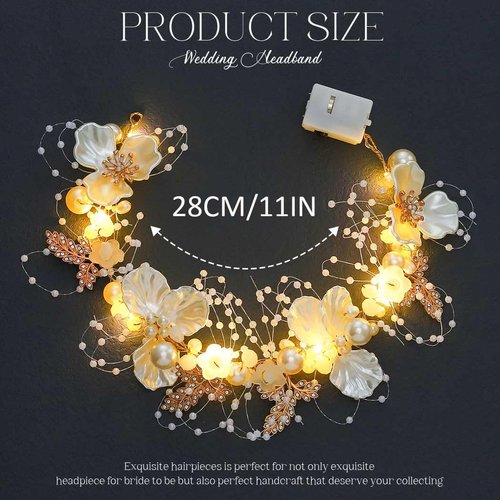 GORAIS Flower Wedding Headpiece Gold Pearl Bridal Headband Light Up Hair Vine Hair Accessories for Bride and Flower Girls