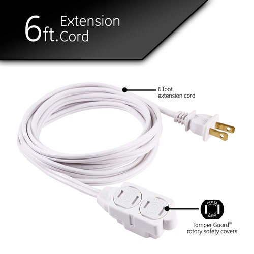 GE 3-Outlet Extension Cord with Multiple Outlets 6 Ft Extension Cord Power Strip 2 Prong 16 Gauge Twist-to-Close Safety Outlet Covers Outdoor Extension Cord Outlet Extender UL Listed White 51937