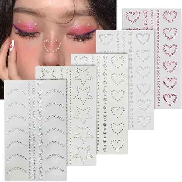 Self Adhesive Face Makeup Gems Pearls, 3D Star Heart Moon Shape Jewels Face Rhinestone Stickers, Stick on Rhinestones Stickers for Face, Hair, Makeup, Body, Crafts, Festival Decal Decor