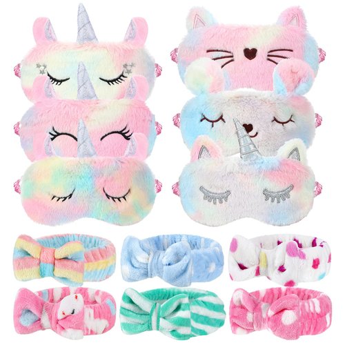 12 Packs Sleepover Party Favors for Teenager Girl, Unicorn Animal Plush Sleep Eye Mask Soft Plush Nap Eyeshade Plush Bow Headbands, Elastic Hair Band for Single Women Spa Pajama Party (Vivid Style)