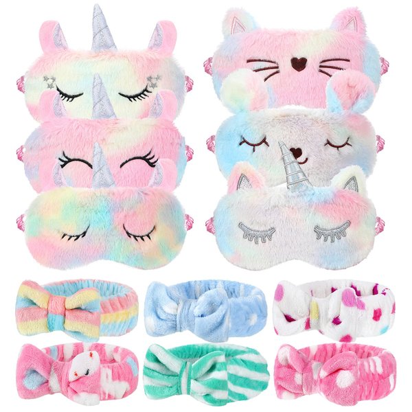 12 Packs Sleepover Party Favors for Teenager Girl, Unicorn Animal Plush Sleep Eye Mask Soft Plush Nap Eyeshade Plush Bow Headbands, Elastic Hair Band for Single Women Spa Pajama Party (Vivid Style)