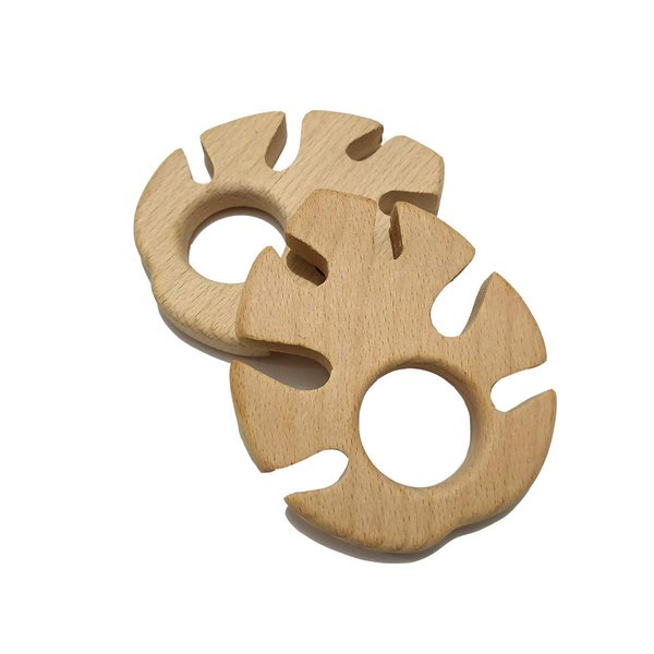 10pcs Teething Toys for Babies, Natural Wooden Leaf Teething Rings Baby Teether Chew Toys for Infant Toddler Teethers Animal Set Pain Relief Handmade Hanging Ring (Banana Leaf 10pcs)
