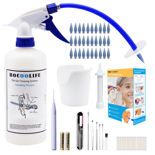 BOCOOLIFE Ear Cleaning Kit, Ear Wax Removal Tool Ears Cleaner, Ear Wash Irrigation Kit with Lighted Ear Curette Pick,Ear Basin,30 Ear Tips,Cotton Swabs,Safe and Easy Clean Ear Blockage Wax of All Ages