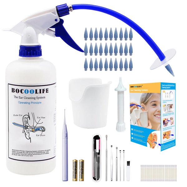 BOCOOLIFE Ear Cleaning Kit, Ear Wax Removal Tool Ears Cleaner, Ear Wash Irrigation Kit with Lighted Ear Curette Pick,Ear Basin,30 Ear Tips,Cotton Swabs,Safe and Easy Clean Ear Blockage Wax of All Ages
