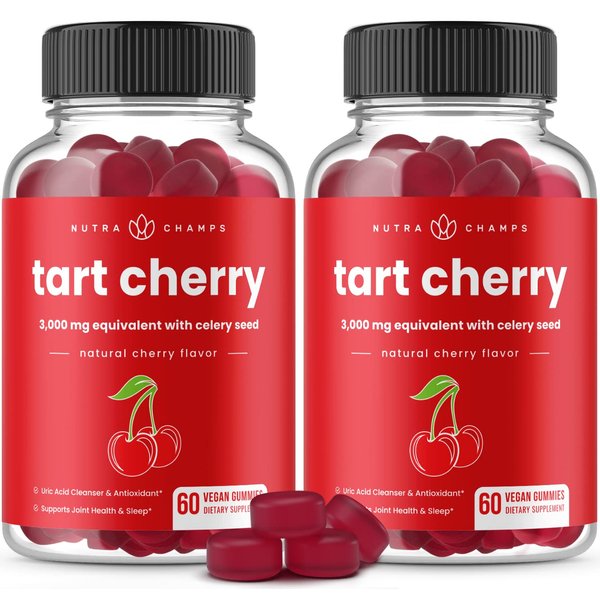 NutraChamps (2-Pack 120 Tart Cherry Gummies - 3000mg Supplement with Celery Seed Extract - Vegan Tart Cherry Concentrate Gummy Vitamin