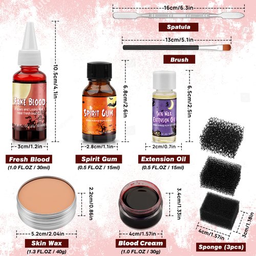 Halloween SFX Makeup Kit, Halloween Special Effects Wound Modeling, Skin Wax with Spatula, Fake Blood, Coagulated Blood Gel, Spirit Gum, Extension Oil, Stipple Sponge, Halloween Cosplay Zombie Makeup