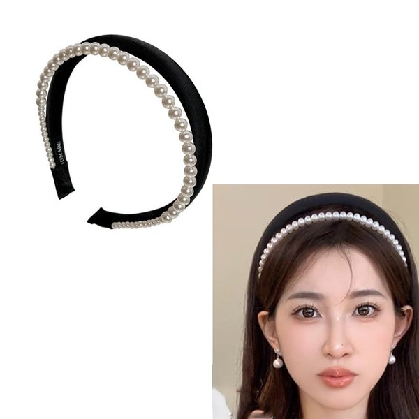 Black Padded Double Layer Headband White Pearl Headbands for Women Girls Pearl Puffy Head Band Layered Head Bands Pearls Hair Hoop Band Faux Pearl Headbands Sponge Headband