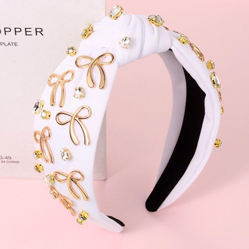 PHALIN Bow Headband for Women Gold Butterfly Bow Knot Headbands Embellished Rhinestone Crystal Wide Top Knot Headband Jeweled Ribbon Bow Hair Accessories Party Favors Gifts (White)