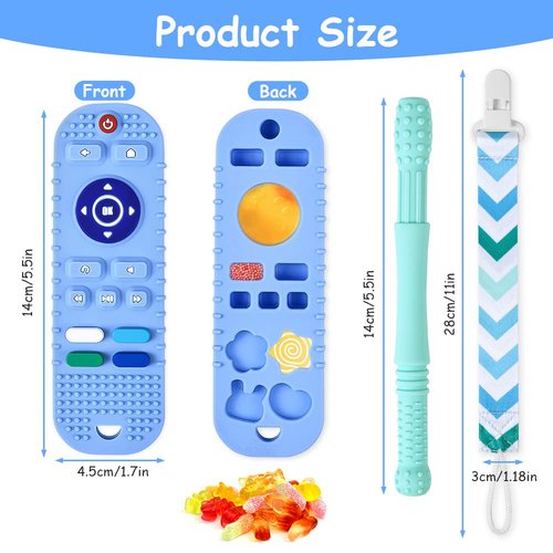 Silicone Baby Teething Toys, Remote Control Shape Teethers Toys with Teething Tubes and Pacifier Clip, Baby Teething Toys for 3 Months+, Remote Teething Toys BPA Free/Freezable/Dishwasher Safe(Blue)