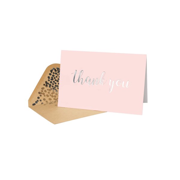 Thank You Cards - Blank 50 Pack Pink Matte Finish Cards with Silver Foiled "Thank You" Printed with 52 Confetti Design Kraft Envelopes 4" x 6" - for Bridal Shower Baby Shower Birthday Party