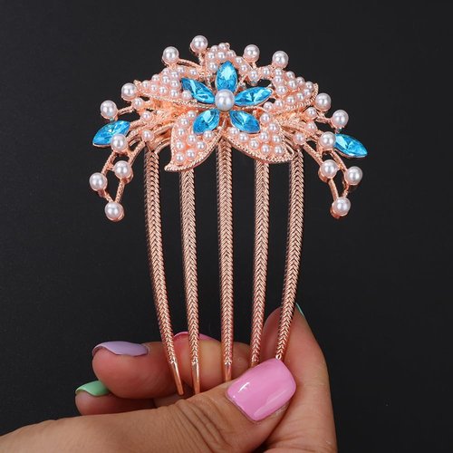 Chargances Boho Flower Blue Rhinestone Hair Comb Bride Wedding Pearl Crystal Hair Side Comb Luxury Beaded Handmade Hair Accessories for Women and Girls (Blue)