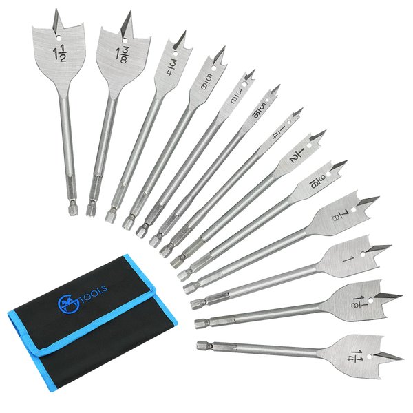GMTOOLS 13 Piece Spade Drill Bit Sets, Paddle Flat Bit for Hole Cutter Woodworking, 1/4" to 1-1/2", Carbon Steel Paddle Flat Bit with Quick Change Shank, Nylon Storage Pouch Included