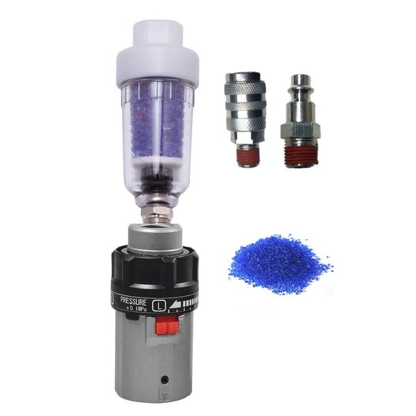 1/4" NPT Air Adjusting Valve Regulator 1/4" Mini Inline Reusable Air Line Desiccant Air Dryer Filter Combo with male female Couplers plug