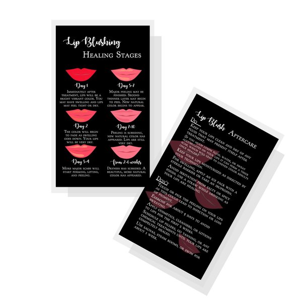 Lip Blush Stages of Healing & Aftercare Instructions Cards | Package of 50 | Double Sided Size 2 x 3.5" inches Business Card | Black with Red Lips Design