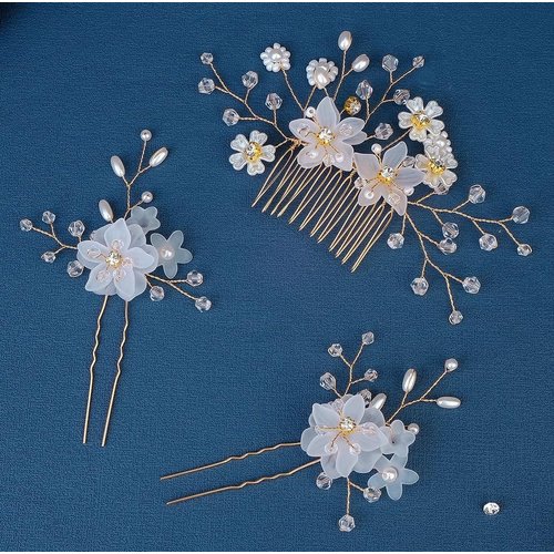 Wedding Floral Bridal Hair Accessory Set, 3 Pieces Flower Hair Side Comb and U-shaped Hair Pins for Brides Hair Vine Decorative Wedding Party, White&Gold