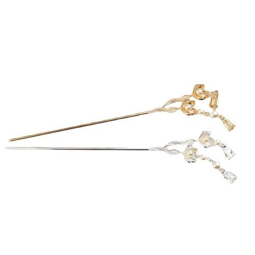 2 Pcs Metal Flower Tassel Hair Pins Vintage Pearl Flower Hair Sticks Retro Hair Chopsticks Elegant Chignon Pins Hair Accessories for Women and Girls (Gold, Silver)