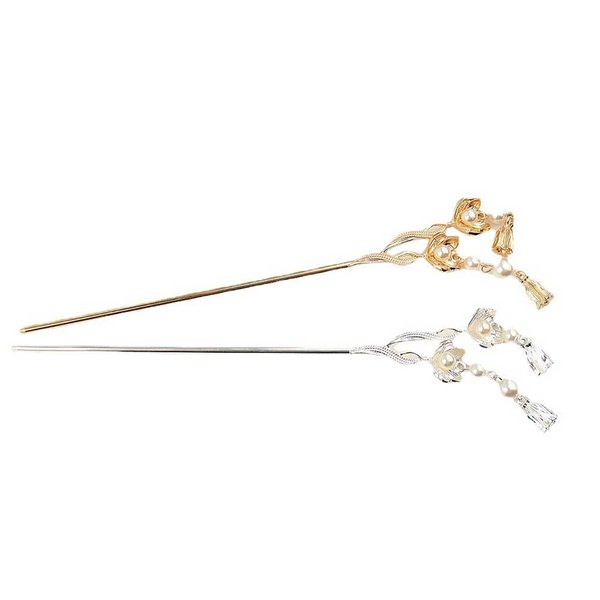 2 Pcs Metal Flower Tassel Hair Pins Vintage Pearl Flower Hair Sticks Retro Hair Chopsticks Elegant Chignon Pins Hair Accessories for Women and Girls (Gold, Silver)