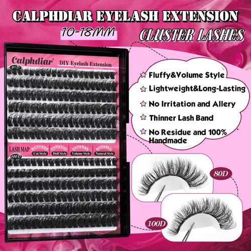Fluffy Lash Clusters 80D+100D Thick Eyelash Clusters D Curl Cluster Eyelash Extensions Russian Cluster Lashes Wispy Lashes Clusters 234pcs False Mink Eyelashes 10-18mm DIY Lash Extension by Calphdiar