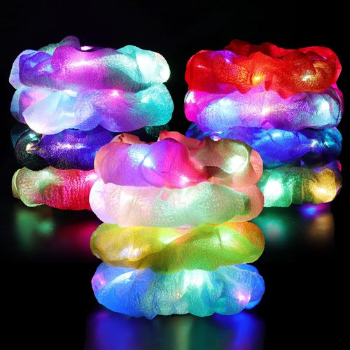 12PCS LED Scrunchies for Women, Led Light Up Hair Scrunchy for Girls with Luxury Jewelry Bag, Colorful Elastic Kapok Yarn Hair Band Multi Light Modes, Glow in the Dark Accessories for Neon Rave Party