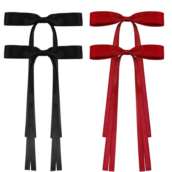 Hair Bows For Women, 4Pcs Bow Hair Clips Fabric Bowknot With Long Tail Hair Accessories Barrette Hair Ribbons for Women Girls Toddlers Teens Kids (4Pcs, Black+Red)