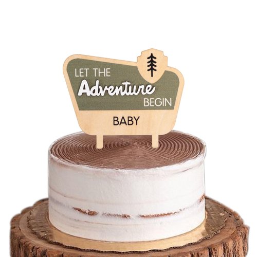 Let The Adventure Begin Baby Shower Cake Topper - Happy Camper Wooden Cake Topper,Natural Adventure Themed Decor,Baby Shower Decorations