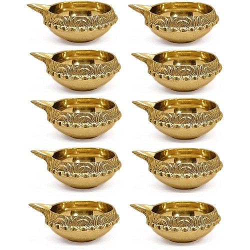 SATVIK 10 pc Indian Pooja Kuber Diya for Diwali Decoration. Handmade Oil Lamp with Golden Engraved Made of Brass Metal. Vilakku for Puja Pooja. Traditional Indian Deepawali Housewarming Gift Items