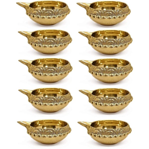 SATVIK 10 pc Indian Pooja Kuber Diya for Diwali Decoration. Handmade Oil Lamp with Golden Engraved Made of Brass Metal. Vilakku for Puja Pooja. Traditional Indian Deepawali Housewarming Gift Items