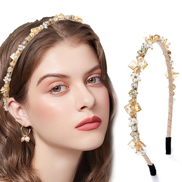 Coridy Pink Rhinestones Headbands for Women Girl Crystal Beaded Hairbands Baroque Thin Hair Hoops Bejeweled Headband for Women’s Hair (Champagne)