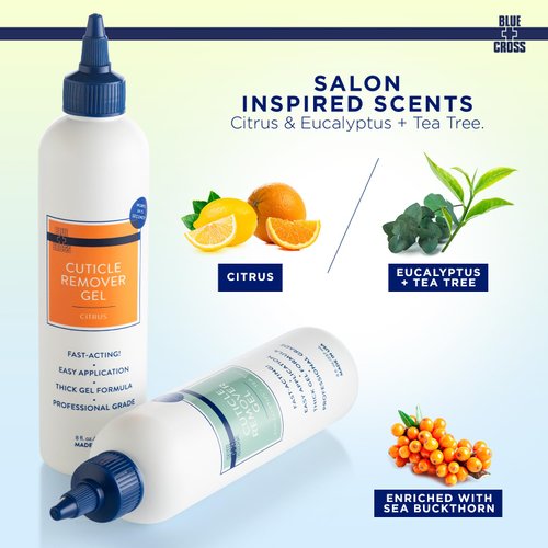 Blue Cross Professional Nail Care, Hydrating, Moisturizing, Strengthening Cuticle Remover Gel & Cuticle Softener for Brittle Nails, Hang Nails + Dry Cuticles, Made in USA, 8oz, Citrus