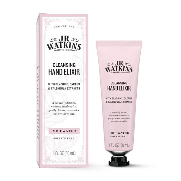 J.R. Watkins Rosewater Hand Elixir, No Rinse Waterless Cleansing Hand Wash, Convenient 1 oz