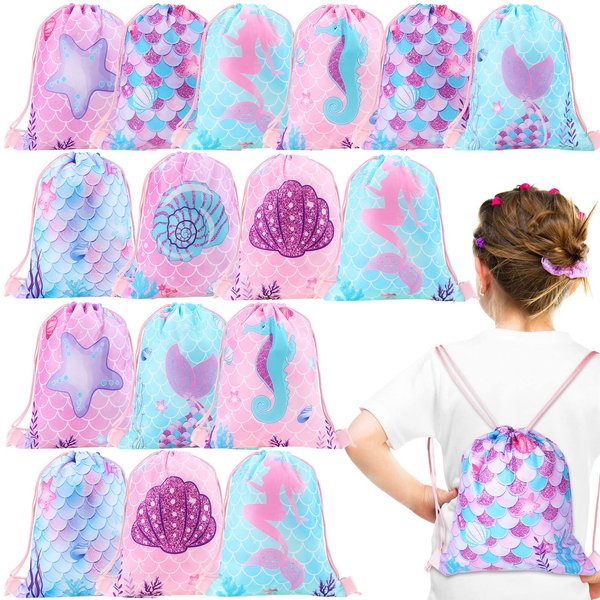 Clabby 16 Pcs Mermaid Party Favor Bags Mermaid Drawstring Bag Candy Gifts Sacks Backpack Bulk Birthday Fish Goodie Bags Under the Sea Ocean Theme Treat Bags for Travel Outdoor Bags 10 x 12 Inch