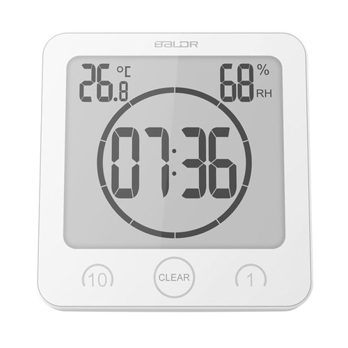 BALDR Digital Bathroom Clocks - 2 Pack Water-Resistant Shower Clock with Timer - Large LCD Display Digital Clock for Shower with Timer, Temperature and Humidity, Wall Clock for Bathroom, White
