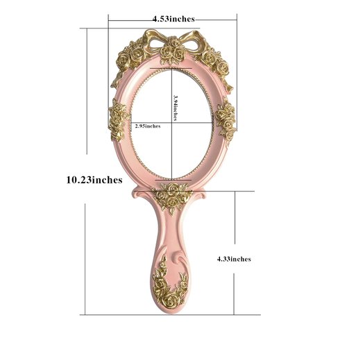 Nerien Handheld Mirror Vanity Makeup Mirror Travel Princess Metal Cosmetic Mirror Portable Oval Embossed Rose Mirrors Decorative Desk Girl Student Vintage Beautiful Handle Mirrors Pink-3
