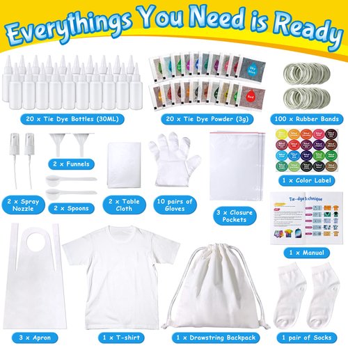 Tie Dye Kit for Kids Adults - Arts and Crafts Toy for Girls & Boys Ages 6-12 - Fabric Tye Dye Craft Kits 20 Colors, Birthday Christmas Gifts for Kids 3 4 5 6 7 8 9 10+