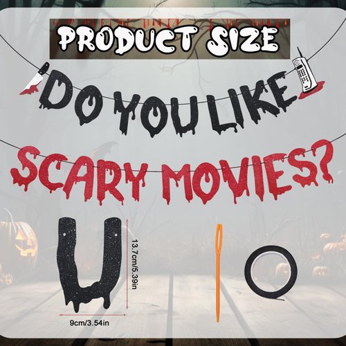 Halloween Banner, Glitter Do You Like Scary Movies Wall Banner Hanging Garland Creepy Horror Scream Movie Night Party Decorations for Halloween Themed Birthday Party Decoration Supplies