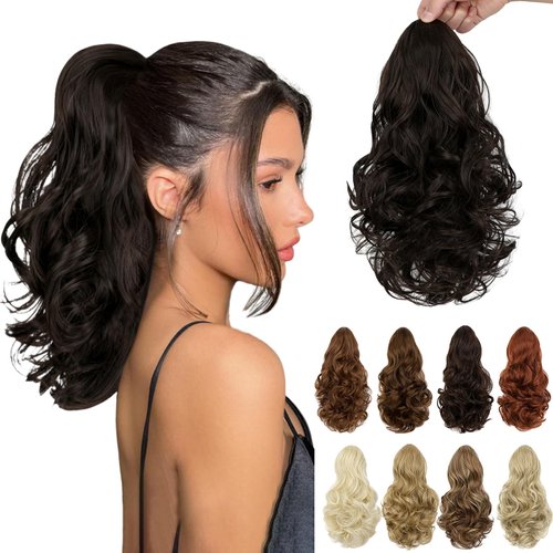 Leterly Ponytail Extension,15" Drawstring Ponytail Hair Extensions Short Wavy Pony Tail Natural Curly Soft Synthetic Hairpiece for Women Dark Brown
