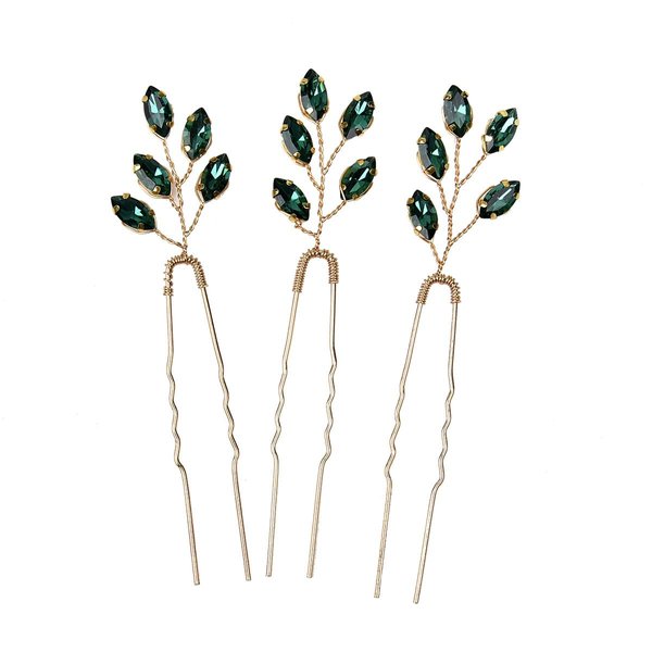 3pcs Green Wedding Hair Pins for Bride Crystal Bridal U Hair Pins for Women Rhinestone Hairpins for Wedding Party Brides Bridesmaids Women