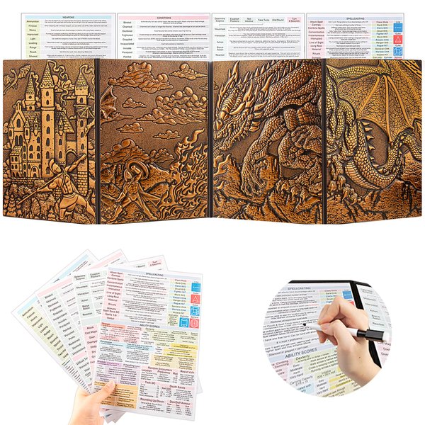 JiaoJiRen DND Dungeon Master Screen 3D Faux Leather,4 Panel Game Master Screen with Pockets DM Screen for DM Game Accessories Gift,Dungeons and Dragon,Pathfinder,D&D