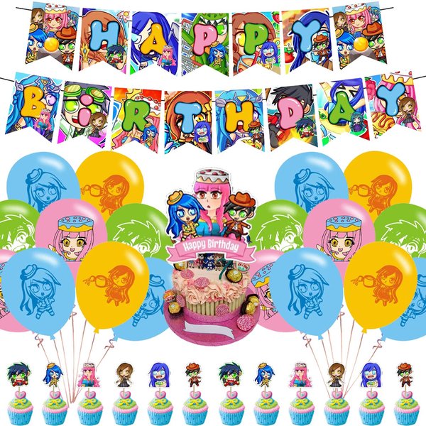 Funneh Krew Birthday Party Decorations, Cartoon Gaming Themed Party Supplies set with Happy Birthday Banner,Cake Cupcake Toppers,Balloons for Fans Adults Birthday Party Favors