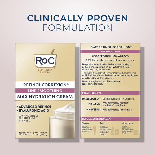 RoC Retinol Correxion Max Daily Hydration Anti-Aging Face Moisturizer with Hyaluronic Acid, Oil Free Skin Care Cream for Fine Lines, Dark Spots, Post-Acne Scars, 1.7 Ounces (Packaging May Vary)