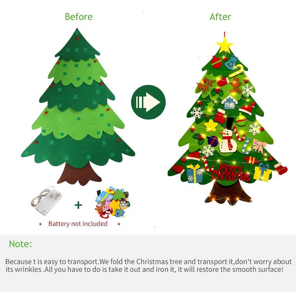 izosen Felt Christmas Tree for Kids Wall with Led String Light, 3Ft Wall Hanging DIY Felt Christmas Tree & 32 Felt Detachable Ornaments for Boys Girls Xmas Gifts