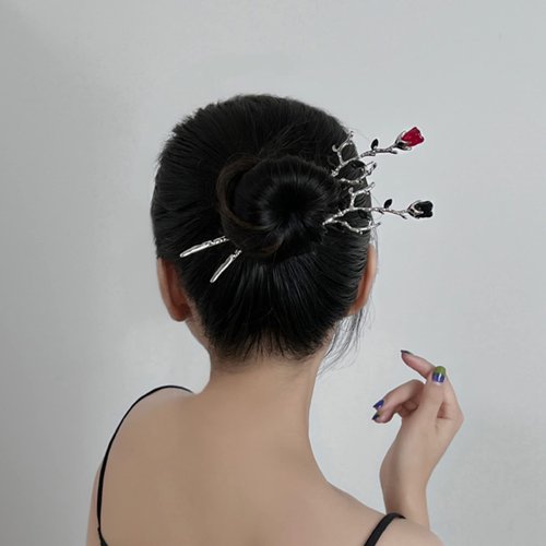 Retro Metal Hairpin Rose Flower Hair Chopsticks Handmade Hair Stick Classic Hair Pins for Women ladies Girls 2PCS-Black&Red 001