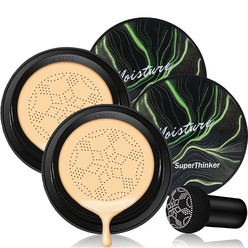 SuperThinker Mushroom Head Air Cushion CC Cream, BB Cream Face Makeup Foundation for Mature Skin Moisturizing Concealer Brighten Long-Lasting, Even Skin Tone for All Skin Types