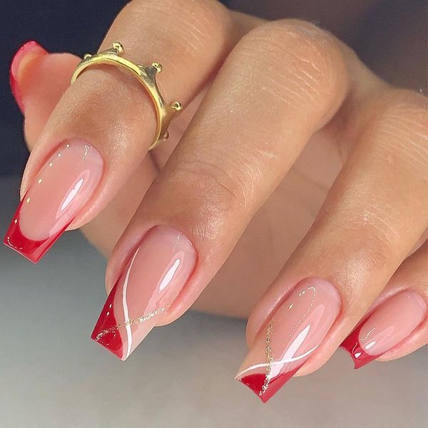 Medium Press on Nails Long Square Fake Nails Red French Tip Glue on Nails with Glitter and Curve Stripes Designs False Nails Full Cover Glossy Acrylic Stick on Nails for Women and Girls 24PCS