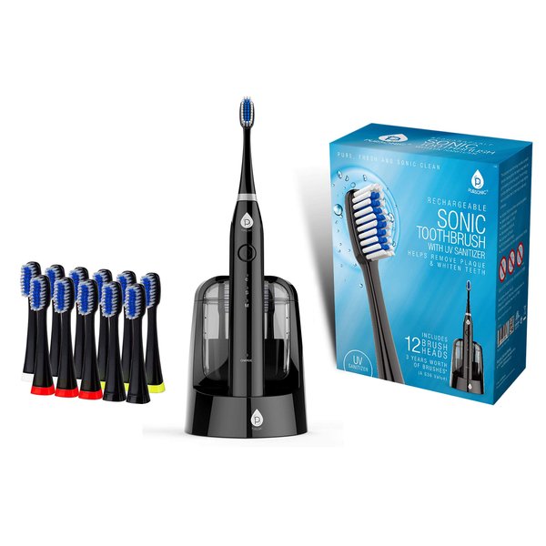 Pursonic S750 Sonic Toothbrush (Black) — Smart Series Electronic Power Rechargeable Battery Toothbrush — Electronic Toothbrush for Adults — 12 Bonus Brush Heads — Rechargeable Toothbrushes for Adults