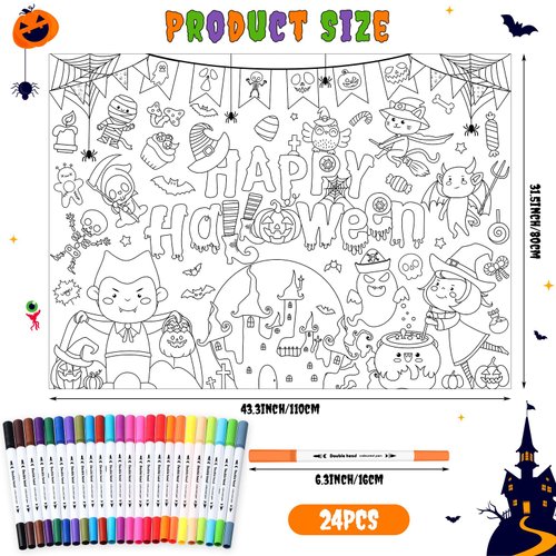 Faccito Giant Coloring Poster with 24 Watercolor Markers Coloring Sheet Jumbo Coloring Poster Coloring Banner Table Cover for Kids Fall Halloween Xmas Winter Birthday Activity Party (Ghost)