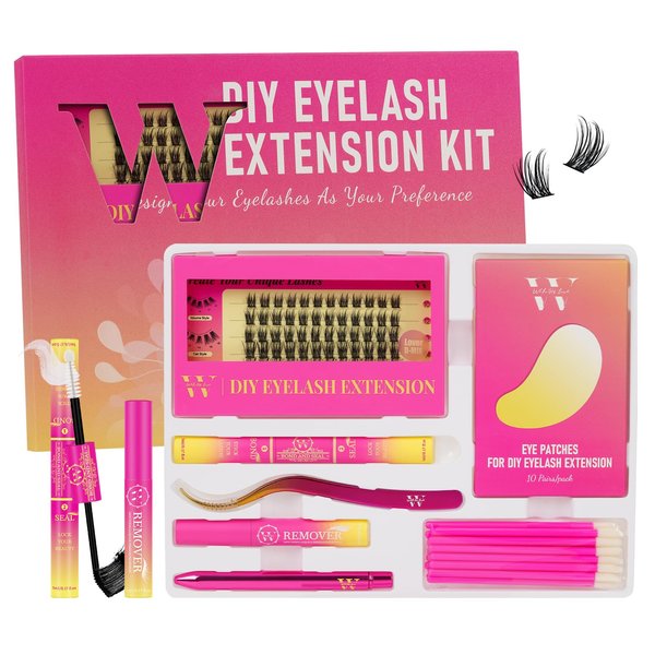 DIY Lash Extension Kit Cluster Lashes Kit with 72 Pcs D Curl Cluster Lashes Wispy Eyelash Bond and Seal Lashes Remover and Eyelash Applicator for Beginner DIY at Home by W(Darling 04 Kit-D-10-16MM)