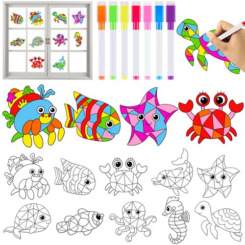 Qyeahkj 30Pcs Ocean Animals Arts Crafts for Kids Summer Window Suncatchers Craft Kit DIY Under The Sea Coloring Craft Window Cling Sticker with Markers Sea Theme Party Gift for Home Classroom Decor