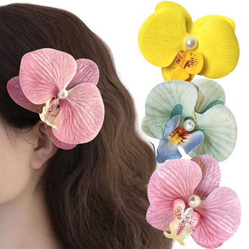 3 Pieces Orchid Flowers Hair Clip Hawaiian Butterfly Orchid Hair Barrettes, Bohemian Flower Headpiece for Women Girls Bridal Wedding Beach Hair Accessories (Yellow Green Pink)